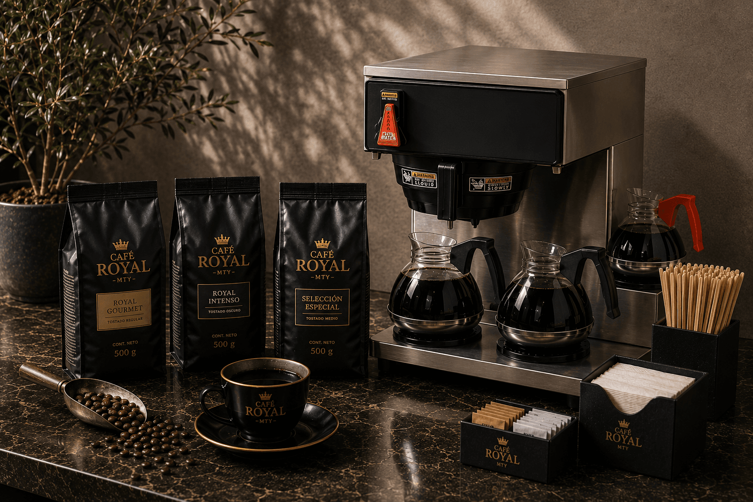 Estación de café con productos Café Royal e insumos para negocio