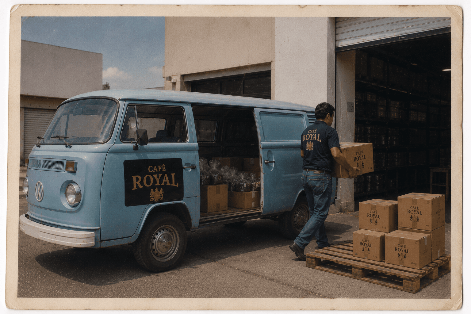Camioneta Café Royal cargando cajas de café