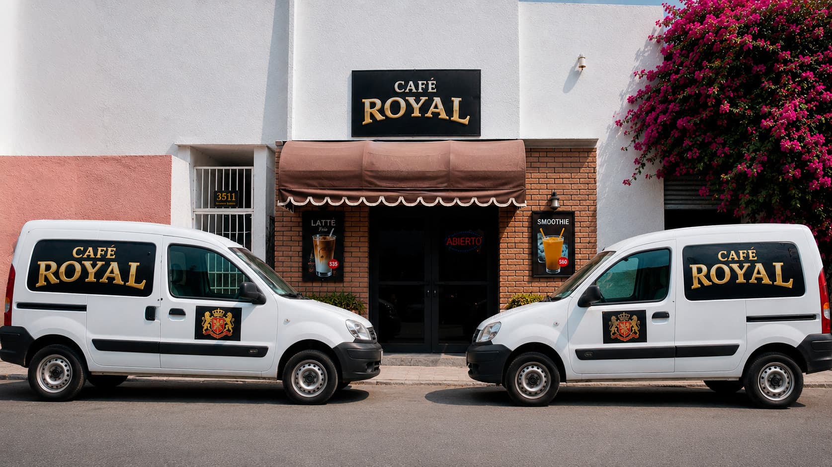 Fachada actual de Café Royal con camionetas de reparto